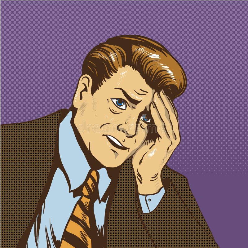 Upset man vector illustration in retro comic pop art style. Sad businessman in stress situation thinking about his business failure. Upset man vector illustration in retro comic pop art style. Sad businessman in stress situation thinking about his business failure.