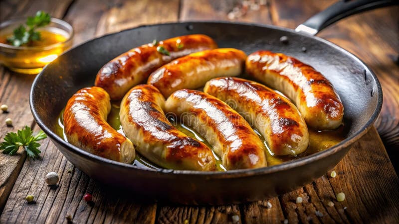 Umiejętność pieczenia kiełbasek goldenbrown w sawory olejowej gotowej do służby. ilustracji