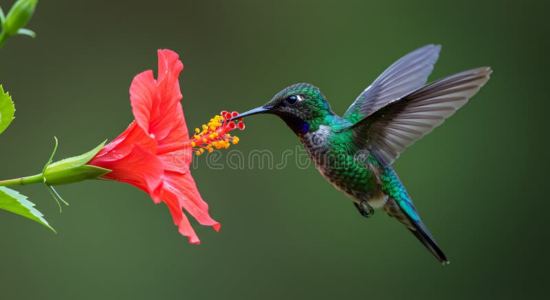 Umoruccio tritato con ali di volo che battono la zampa di un fiore verde che si nutre di nettare. Immagine generale AI. illustrazione vettoriale