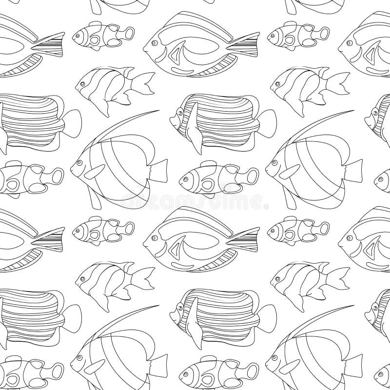 Umrissene Koralle fischt nahtlose Musterfliese Nahtloses Muster der tropischen Fische vektor abbildung Umrissene Koralle fischt nahtlose Musterfliese Nahtloses Muster der tropischen Fische vektor abbildung