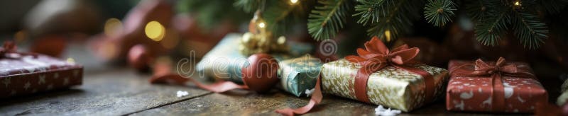 Umschlagpapier zerstreut um einen Weihnachtsbaum bunten Geschenk stock abbildung