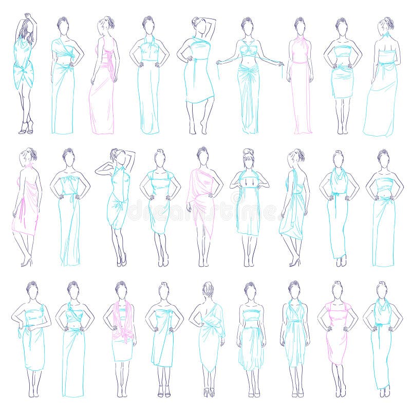 Umsäumt die verschiedenen eingestellten Abendkleider der Vektorillustration und die zufällige Kleidung sundresses modelliert in d lizenzfreie abbildung Umsäumt die verschiedenen eingestellten Abendkleider der Vektorillustration und die zufällige Kleidung sundresses modelliert in d lizenzfreie abbildung