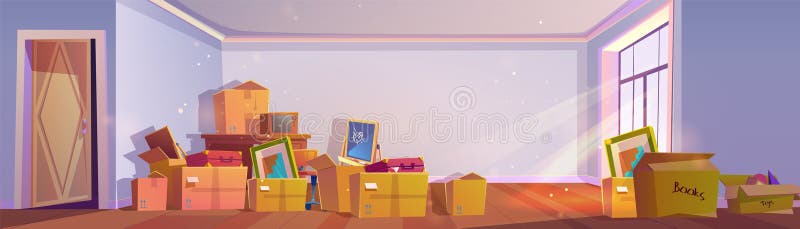 Umzug in ein neues Zuhause mit Karton im Zimmervektor stock abbildung