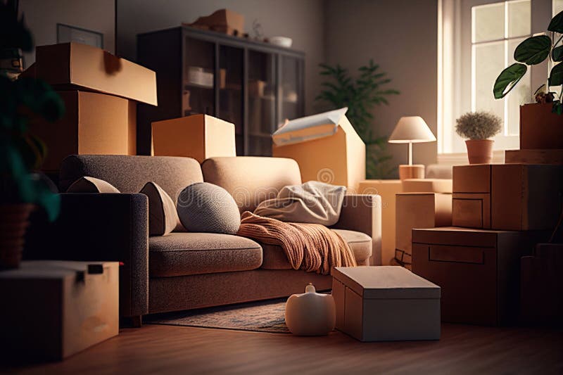 Umzugsboxen. Kartonverpackung. Kartonpakete verlagern Fracht generatives Beihilfepaket in neues Haus stock abbildung