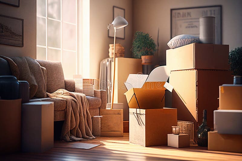 Umzugsboxen. Kartonverpackung. Kartonpakete verlagern Fracht generatives Beihilfepaket in neues Haus vektor abbildung