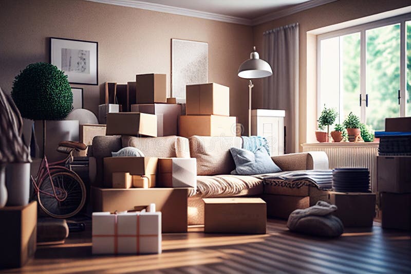 Umzugsboxen. Kartonverpackung. Kartonpakete verlagern Frachtpaket in neues Haus. wir sind bewegt stock abbildung