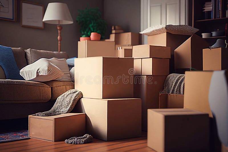Umzugsboxen. Kartonverpackung. Kartonpakete verlagern Frachtraumflugzeug in neues Haus. Wir stock abbildung