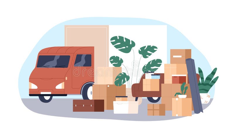 Umzugsdienstkonzept. Lieferwagen und viele Kartonboxen zum Umziehen und Umziehen. Packungsgröße und vektor abbildung