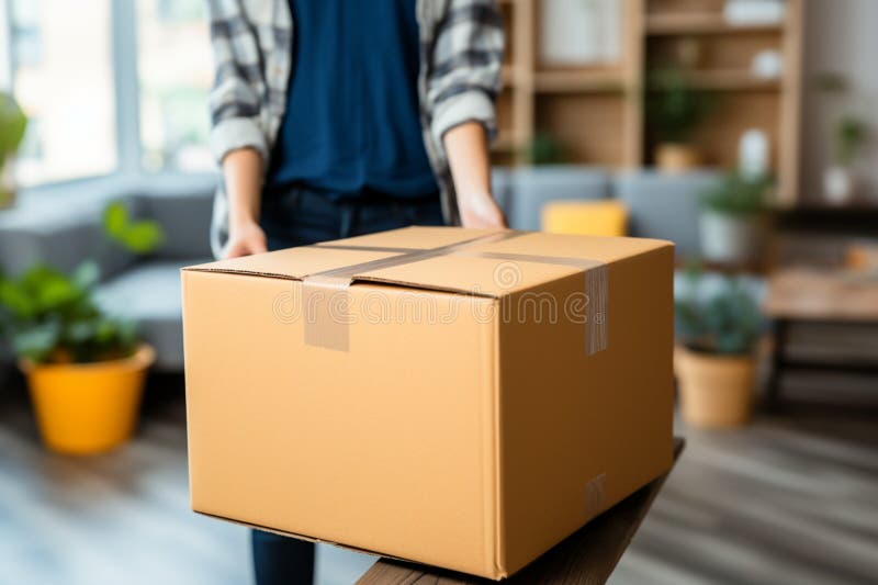 Umzugsszene Frauen Hand hält Kartons in neuen Wohnungen stock abbildung