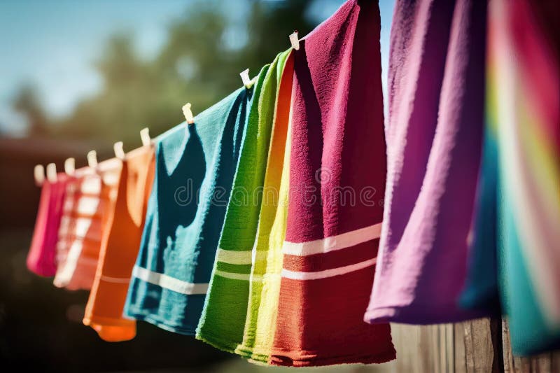 Un étendoir Avec Draps De Serviettes Colorés Et Fraîchement Lavés Et Autres  Draps Illustration Stock - Illustration du clothesline, douceur: 272708439