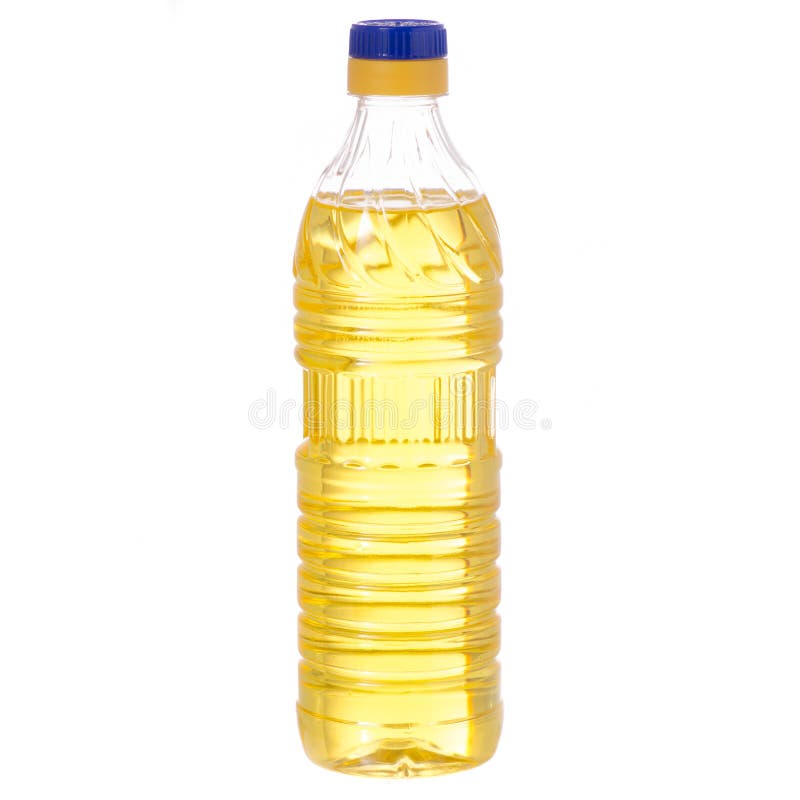 Un aceite de girasol de la botella en un aislamiento blanco del fondo