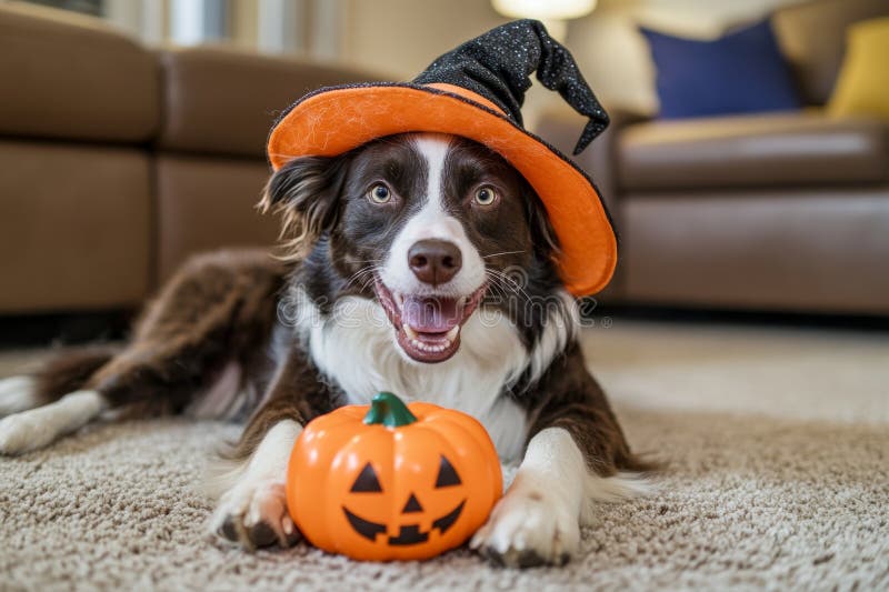 Un adorabile cane di Halloween che sta posando con una zucca mentre indossa un cappello da strega fotografia stock