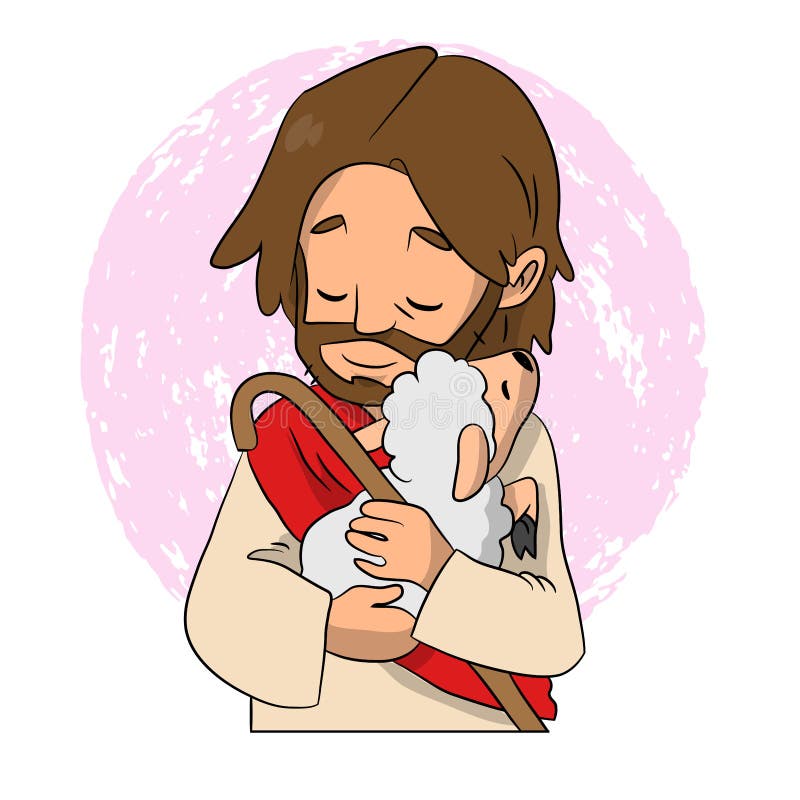 Un'adorabile vignetta vettoriale di Gesù che tiene una pecora al petto con amore