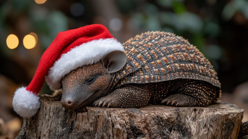 Un adorable armadillo vestido con un diminuto sombrero de santa enrollado en un tronco durante la temporada festiva imagen de archivo libre de regalías