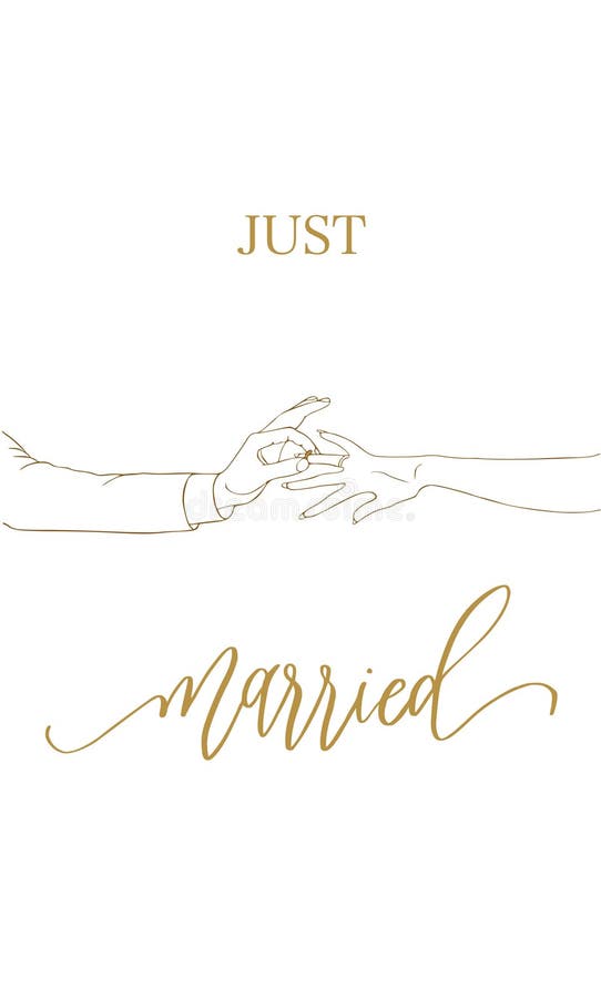Un afiche de oro y blanco que dice que acabamos de casarnos. Un afiche de oro y blanco que dice una invitación para tarjeta recién casada