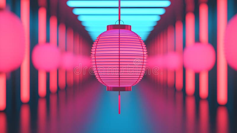 Un afișaj captivant al felinarelor agățate iluminate în ambianță vibrantă roz și albastru aprins vector illustration