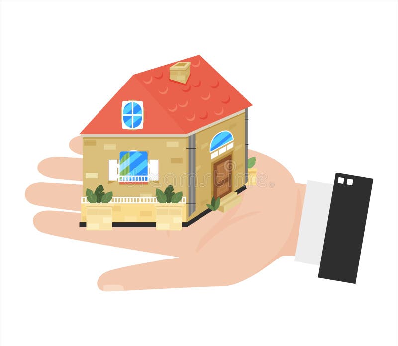 Un agente inmobiliario sostiene una casa de ladrillo con un techo rojo que se ofrece a comprarla o venderla