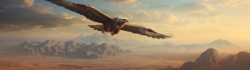 A solitary eagle soaring high above a rugged, remote desert landscape. A solitary eagle soaring high above a rugged, remote desert landscape