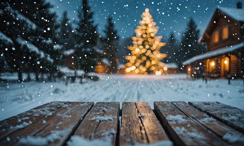 Ai Generated of A wooden bench sits in a snowy landscape, with a large Christmas tree adorned with twinkling lights in the background. The tree's branches are heavy with snow, and the scene is illuminated by the soft glow of the tree's lights. Ai Generated of A wooden bench sits in a snowy landscape, with a large Christmas tree adorned with twinkling lights in the background. The tree's branches are heavy with snow, and the scene is illuminated by the soft glow of the tree's lights.