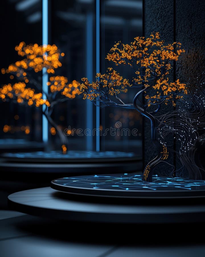 Un albero moderno illuminato con foglie d'arancia vibranti in un ambiente minimalista che mostra bellezza ed eleganza nel design royalty illustrazione gratis