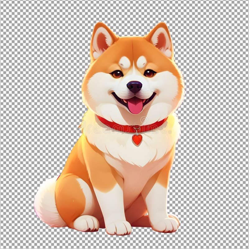 Un alegre cachorro akita inu con un collar rojo y una etiqueta en forma de corazón sentado en un fondo gris libre illustration