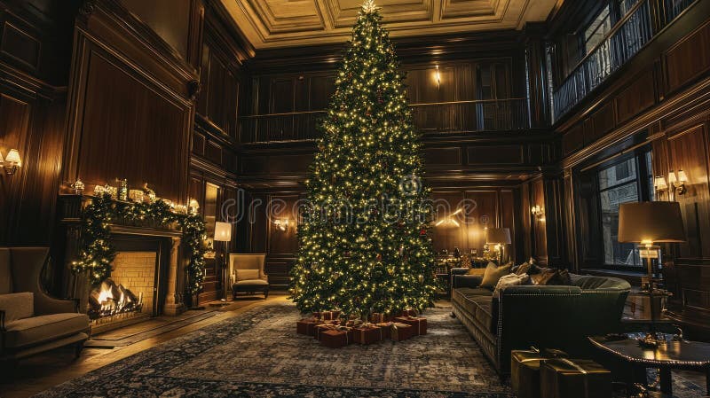 Un alto albero di Natale in un grande salotto royalty illustrazione gratis
