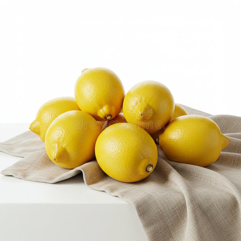 Un ammasso di limoni freschi poggia su un tessuto beige.. I limoni sono gialli vibranti con illustrazione di stock