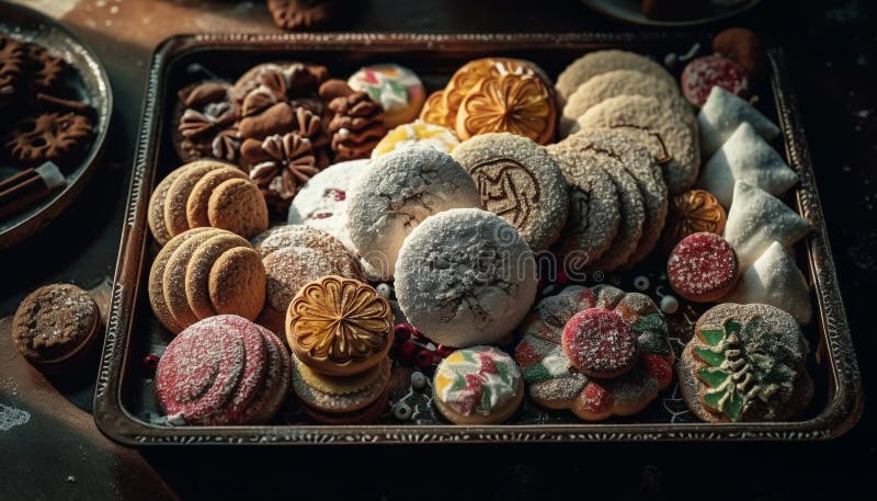 Un'ampia varietà di biscotti fatti in casa cotto con indulgenza generata dall'ai illustrazione di stock