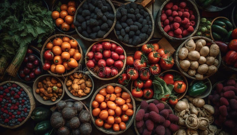Un'ampia varietà di ortofrutticoli freschi e biologici raccolti all'aperto dall'aria illustrazione di stock