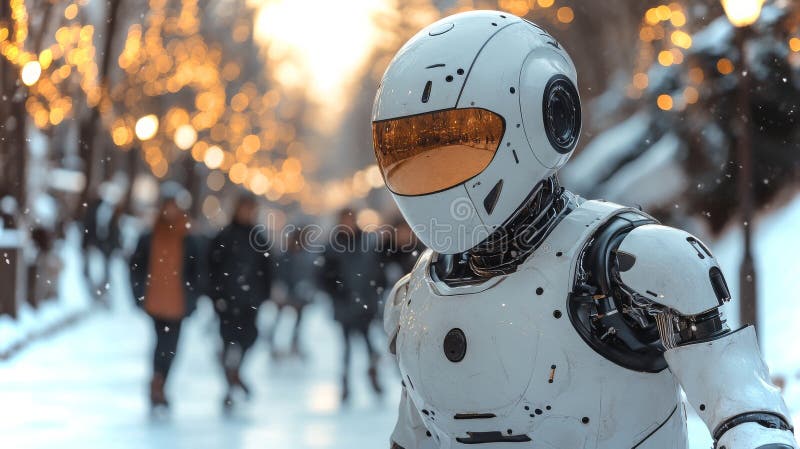 Un androide amico gode di una passeggiata invernale tra luci festose e fiocchi di neve in caduta. Un androide cammina allegramente per una strada di neve circondata da luci di vacanza e gente che si gode l'atmosfera invernale. prodotto a base di
