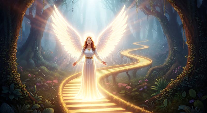 Un angelo luminoso con grandi ali radianti si trova su un sentiero luminoso e etereo che avvolge illustrazione di stock