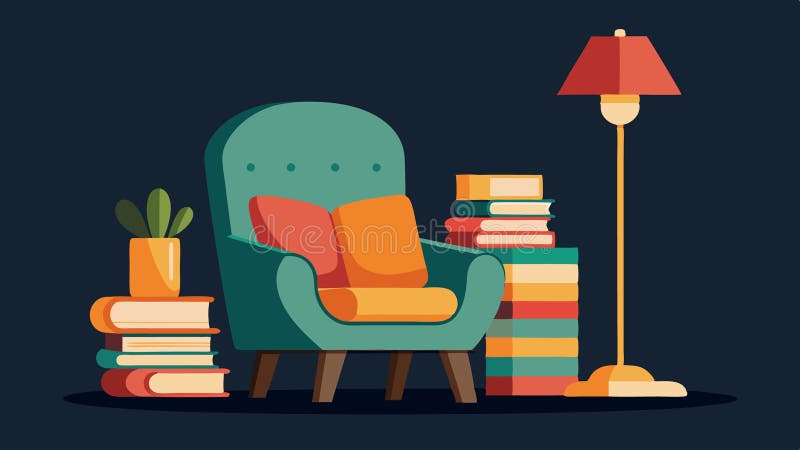 Un angolo di lettura con una colorata poltrona di metà secolo, una lampada per pavimenti d'epoca e una pila di libri d'epoca. illustrazione vettoriale