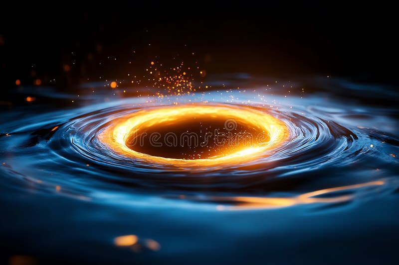 Génération d'ai : un anneau lumineux forme un vortex dans un liquide bleu foncé entouré de ondulations et de particules