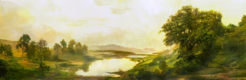 Un antico paesaggio rurale ispirato a vecchi pittori d'arte immagine stock
