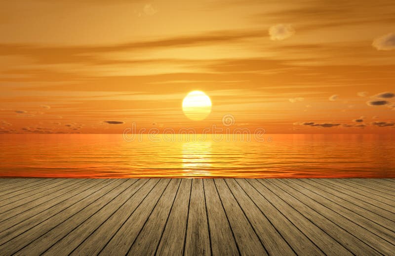Un apus de aur frumos deasupra oceanului și un jetty de lemn stock illustration