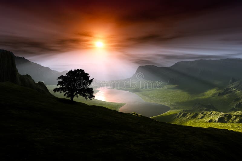 Un apus deasupra unei văi cu siluete de arbori stock illustration