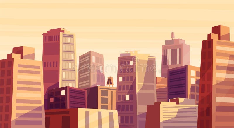 Un apus superb vectorial deasupra orașului desenat. stock illustration