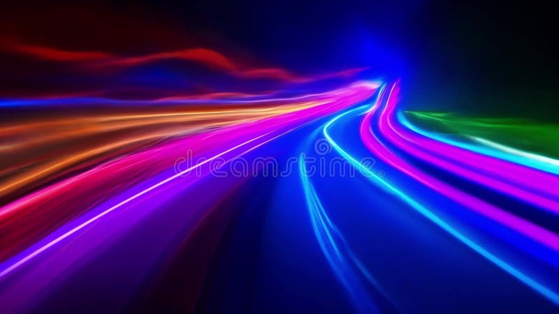 Un arc-en-ciel de teintes illumine l'obscurité dans une étonnante exposition de lumière néon sentier illustration stock