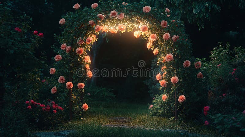 Un arco a molla luminoso, con le rose in salamoia e il verde dolce. sfondo fotografia stock