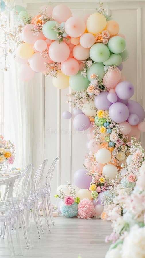 Un arco a pallone colorato con un design floreale pende dal soffitto immagini stock libere da diritti