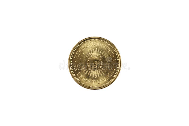 A close up image of an Argentinian five centavos coin isolated on a white background. A close up image of an Argentinian five centavos coin isolated on a white background