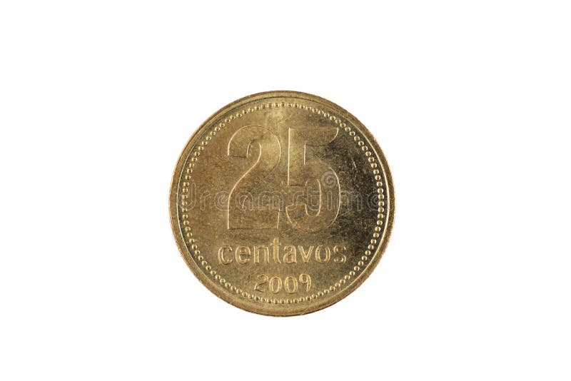 A close up image of an Argentinian twenty five centavos coin isolated on a white background. A close up image of an Argentinian twenty five centavos coin isolated on a white background