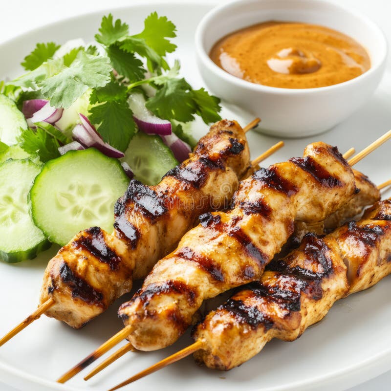 Un armario de pollo con brochetas de pollo a la parrilla con salsa de cacahuete fotografía de archivo