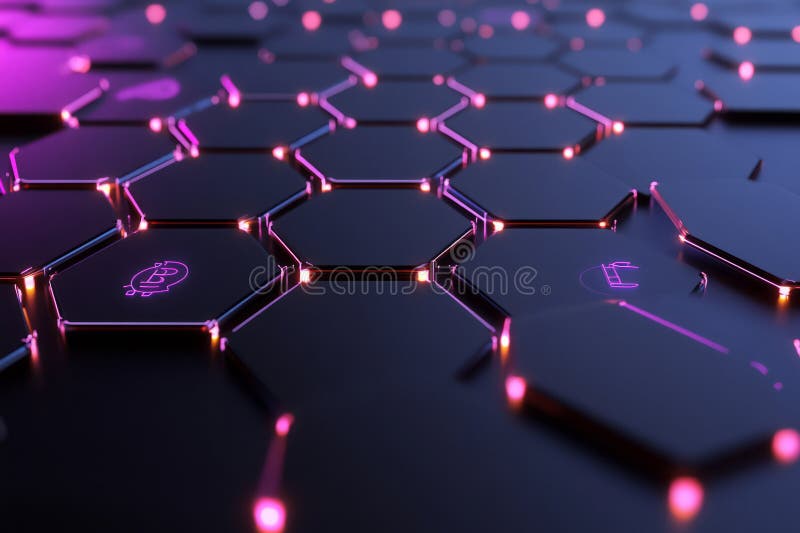 Un arrière-plan 3D numérique d'inspiration blockchainavec des noeuds hexagonaux connectés par des pistes lumineuses. photographie stock