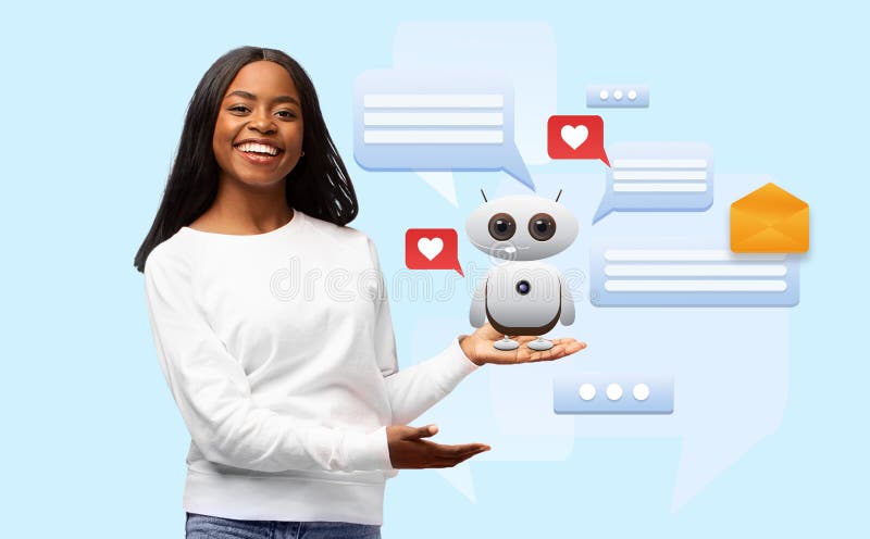 Un asistente virtual interactúa con el usuario que exhibe la tecnología de IA moderna. Una joven sonríe mientras sostiene un robot amistoso en su mano. El fondo incluye burbujas de habla con iconos del corazón que representan una atractiva comunicación con el soporte de inteligencia artificial.