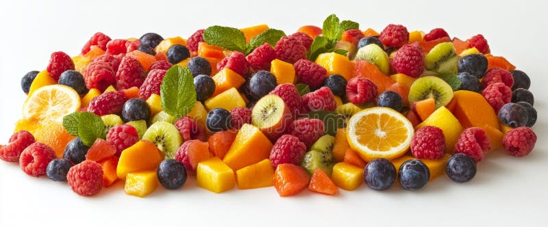 Un assortimento colorato di frutta fresca, compresi i mirtilli rossi, kiwi e fette arancioni disposti in modo artistico immagini stock