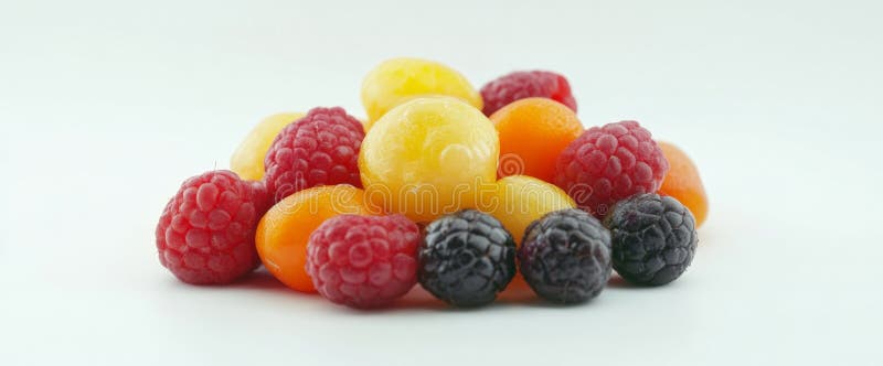 Un assortimento colorato di frutta fresca è disposto in modo artistico su fondo bianco. il miscuglio comprende bacche vibranti e immagini stock libere da diritti