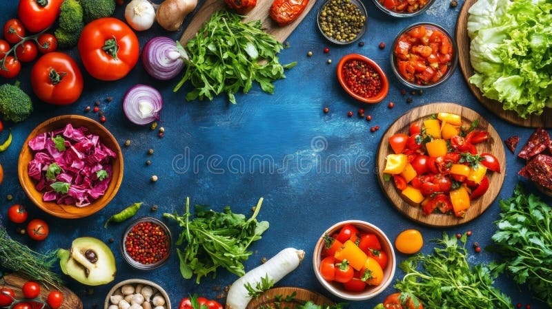 Un assortimento colorato di ortaggi freschi, compresi pomodori lattuga e erbe, è ben disposto su un blu fotografie stock