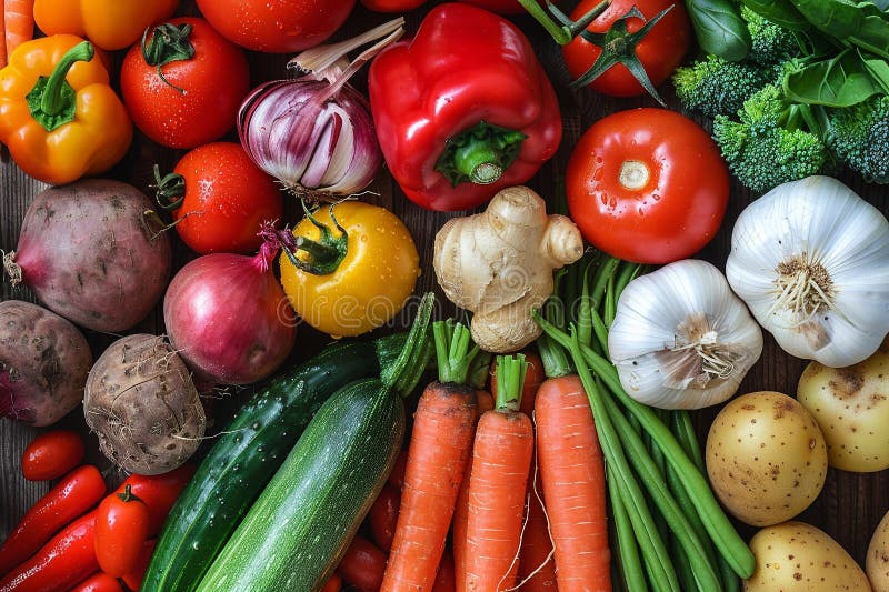 Un assortimento colorato di ortaggi freschi e di radici, compresi i peperoni pomodori carote patate e zenzero su un piatto immagine stock