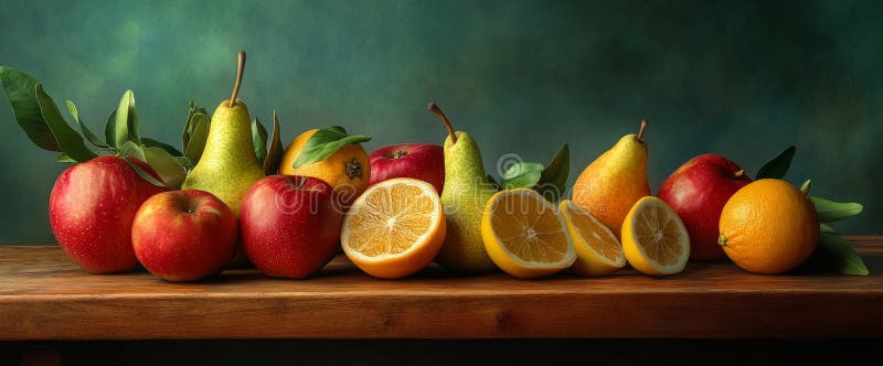 Un assortimento colorato di pere di mele fresche e agrumi poggia su una tavola di legno testurizzata. i frutti vibranti fotografia stock libera da diritti